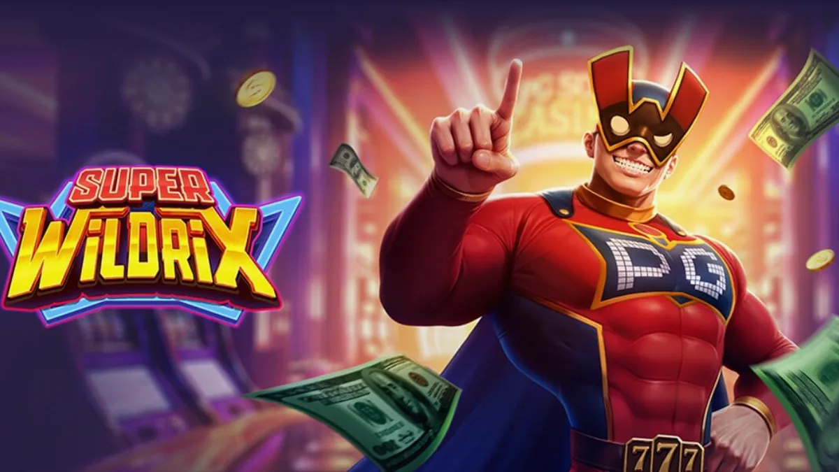 Tampilan visual slot Super Wildrix dengan tema superhero neon
