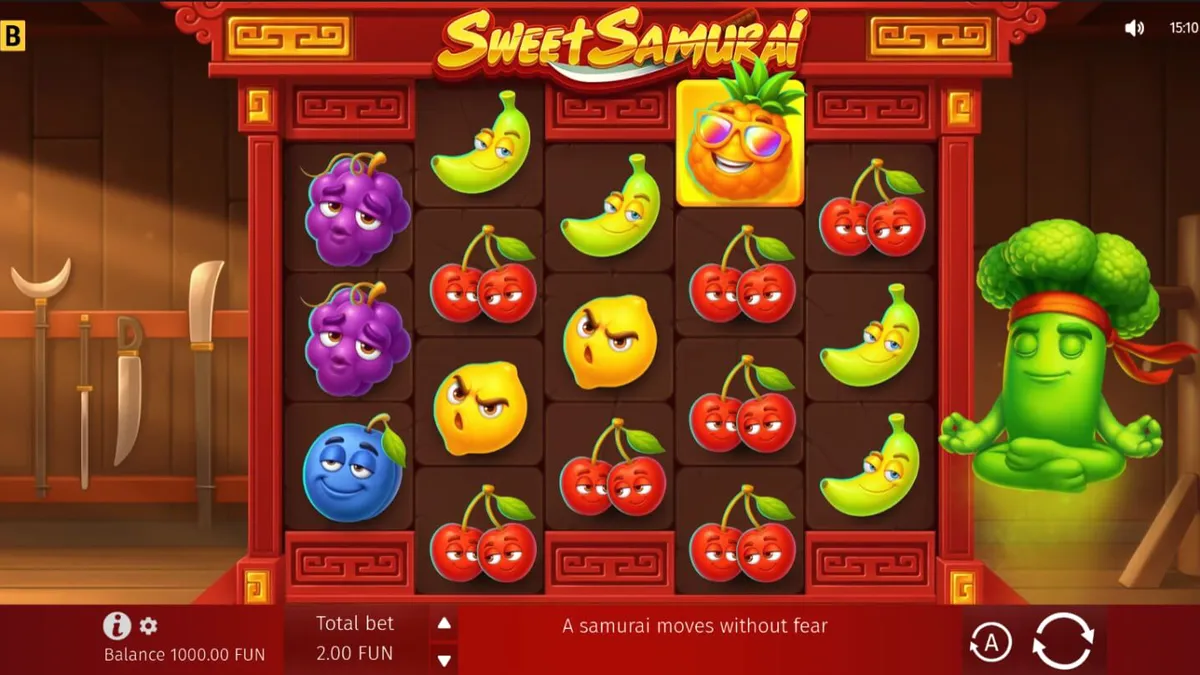 Broccoli Samurai berdiri di depan dojo dalam permainan slot Sweet Samurai
